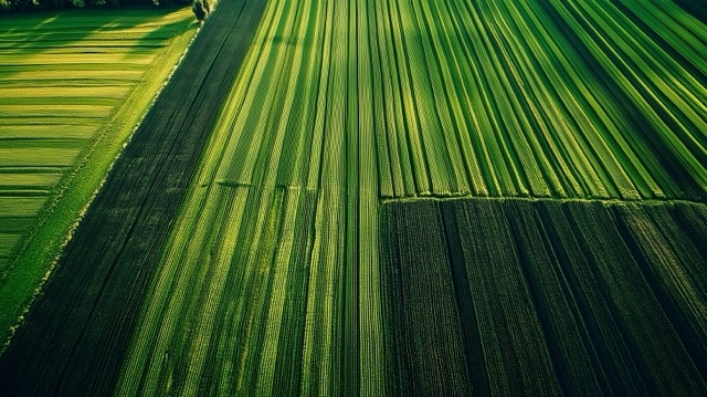 A drone shot of a field of crops