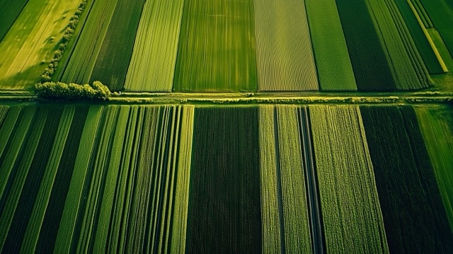 A drone shot of a field of crops