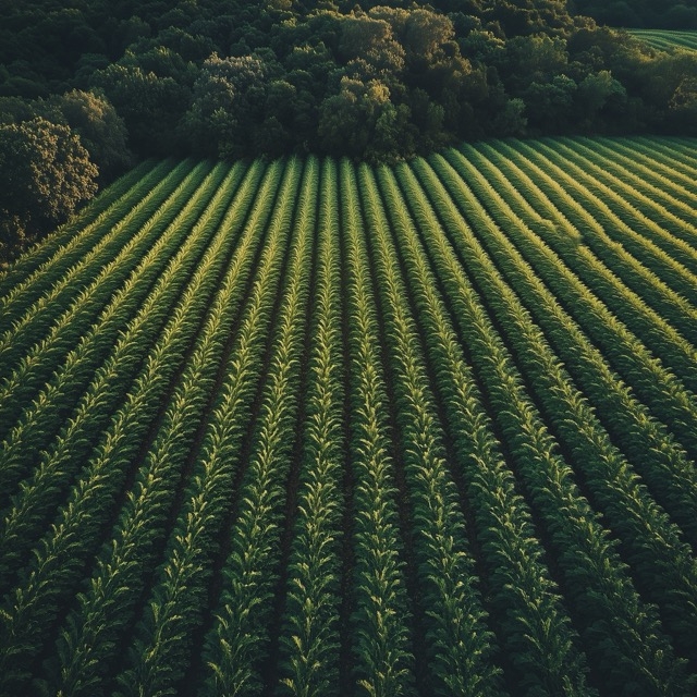 A drone shot of a field of crops