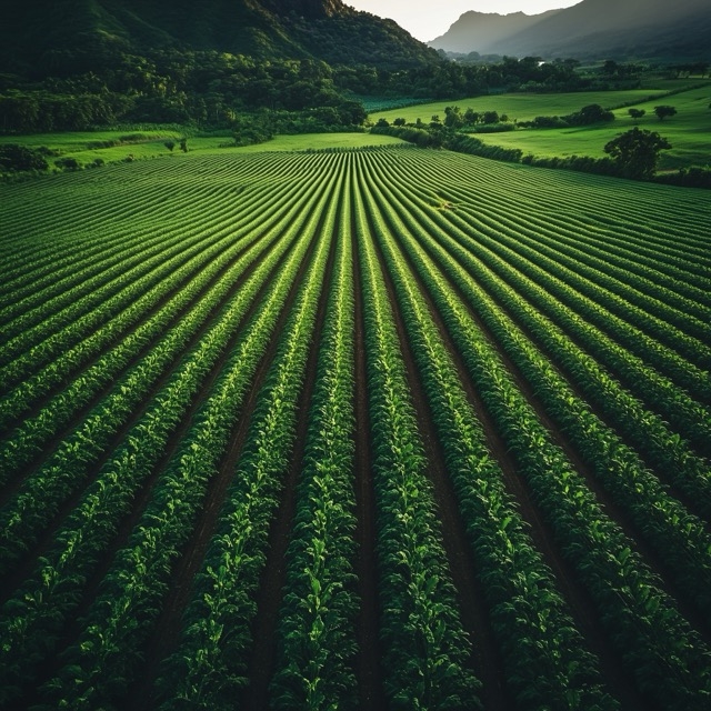 A drone shot of a field of crops