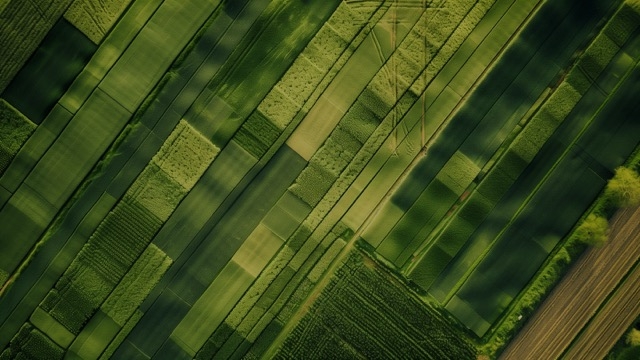 A drone shot of a field of crops